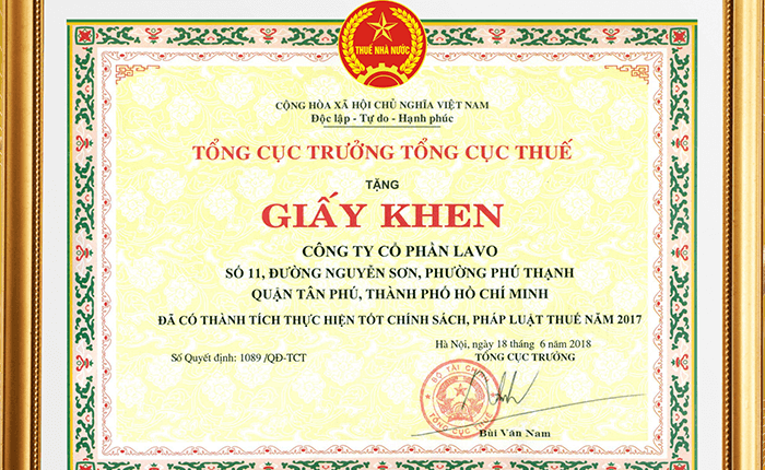 Lavo Vinh Dự Được Tuyên Dương Thực Hiện Tốt Chính Sách Thuế 2017