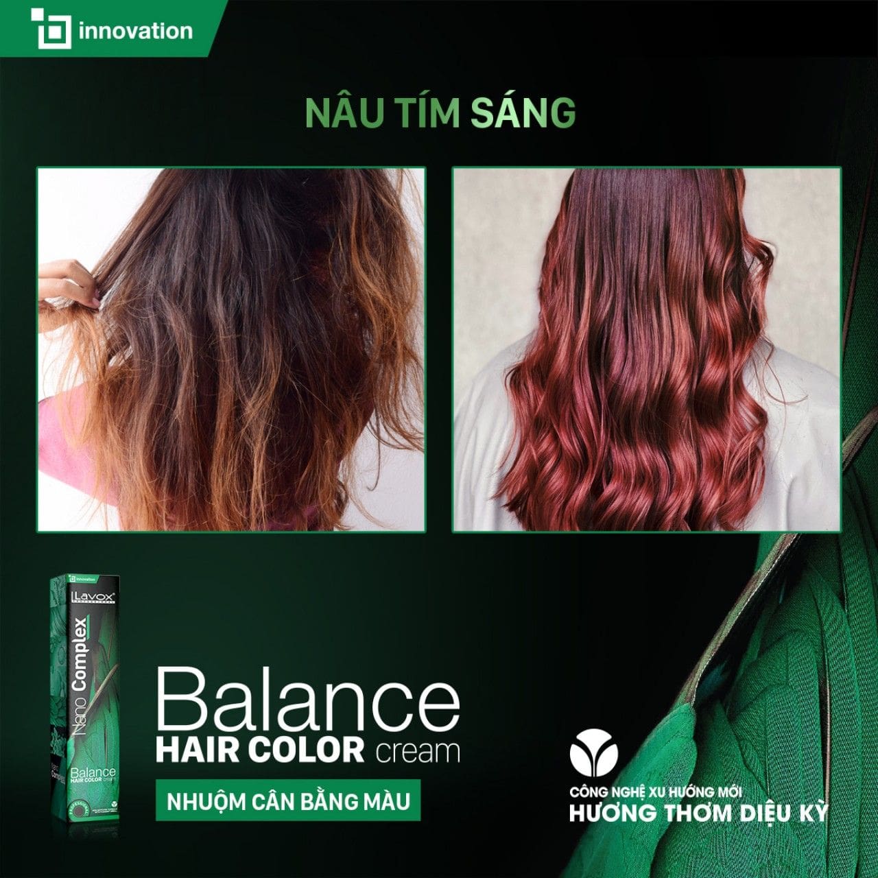 Một mái tóc màu nâu tím sáng sống động sau khi nhuộm cân bằng với Lavox Nano Complex